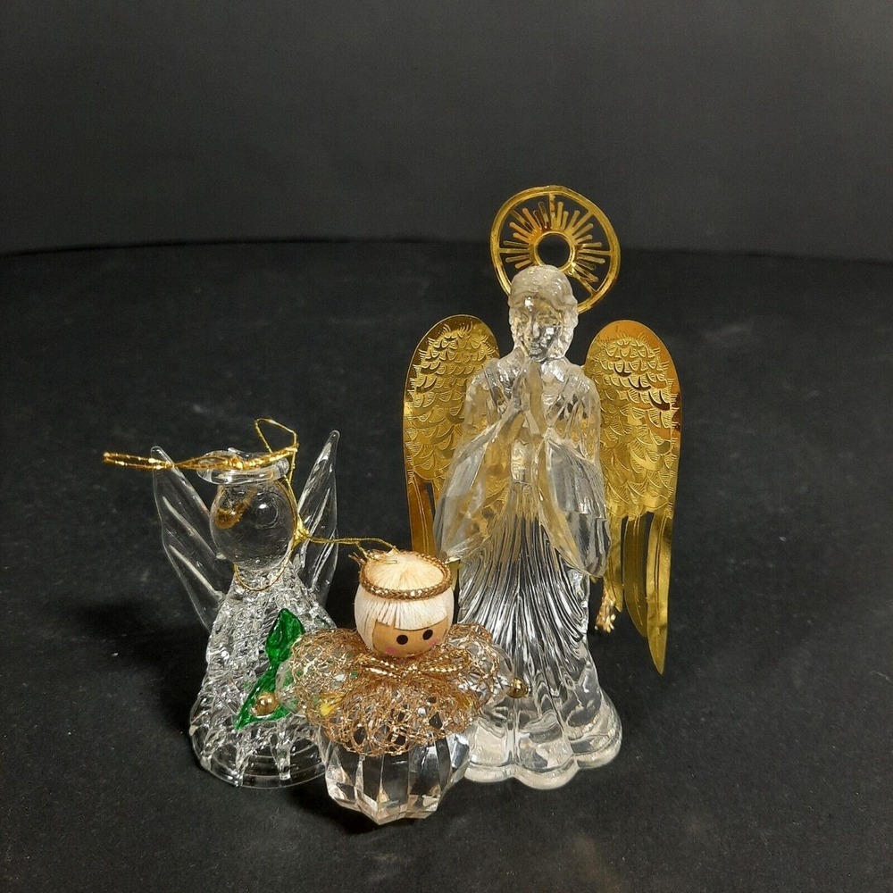 Vintage Glass Angel Christmas Ornaments W/‎ Gold & Green Accents For Holiday Set